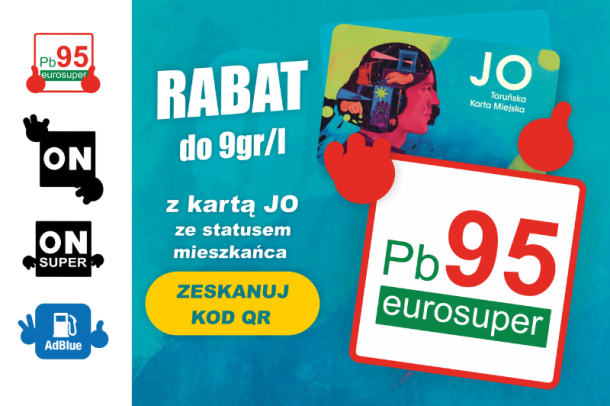 grafika promująca stację paliw: karta miejska i ikony paliw