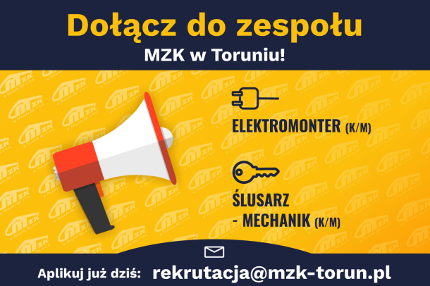 grafika z ogłoszeniem o pracę na stanowiska ślusarz-mechanik oraz elektromonter: nazwa stanowisk, megafon i mail: rekrutacja@mzk-torun.pl